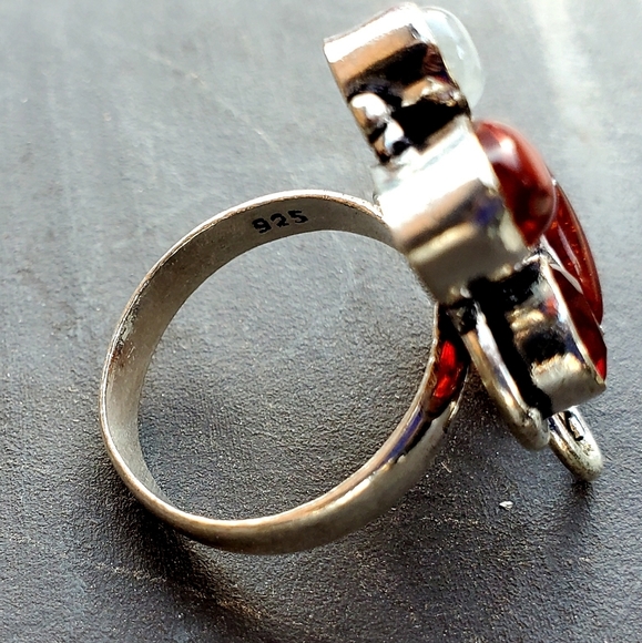 New Amber, Garnet & Rainbow Moonstone 925 Silver Ring. - Picture 16 of 16